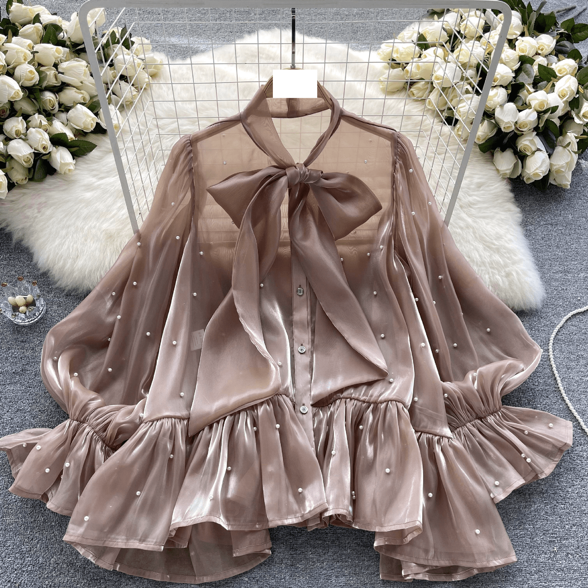 Women's Clothing Niche Design Sense Beaded Bow Horn Sleeve Shirt Women's Celebrity Style Shirt