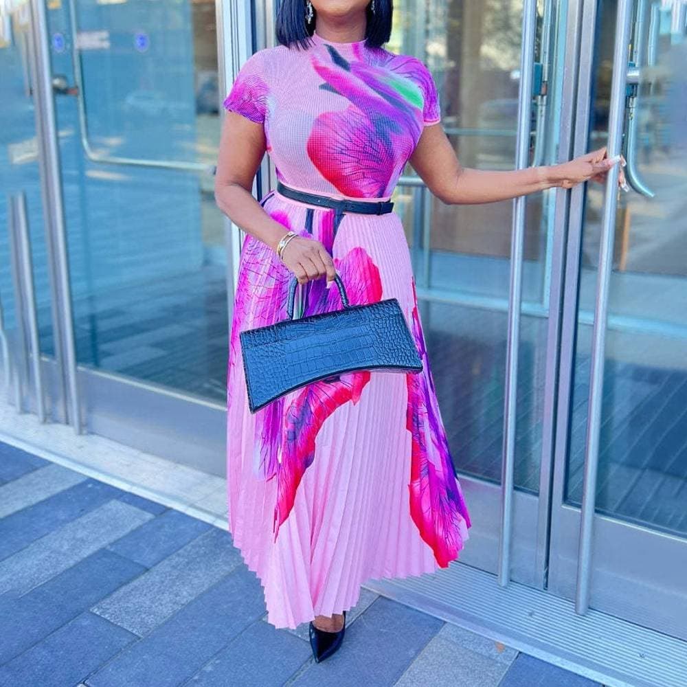 Women's Clothing spring and summer hot style printed short sleeved top half length pleated dress