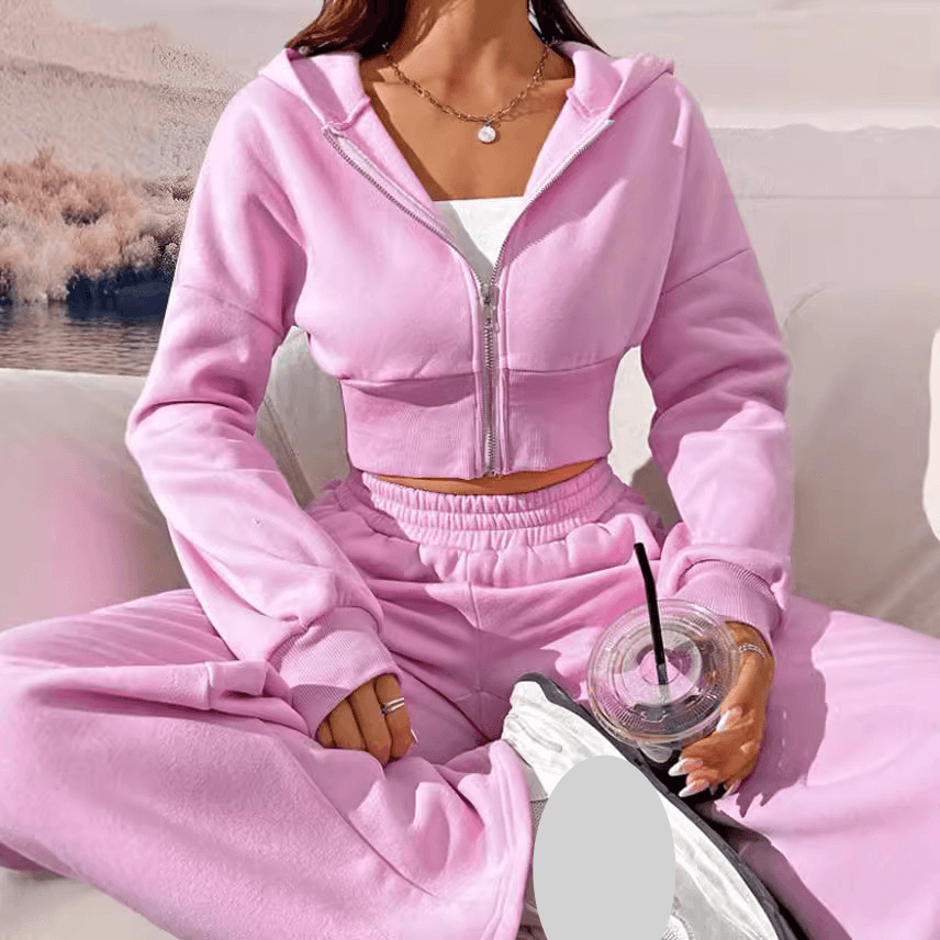 Women's Clothing Pink Zip Front Hooded Sweatshirt And Pants Two Piece Set