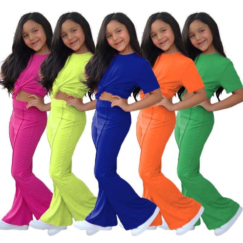 Kids’ Clothing Girls Suits Spring And Summer New Fashion Casual Children's Short Sleeved Tops Flared Pants Two Piece Suit