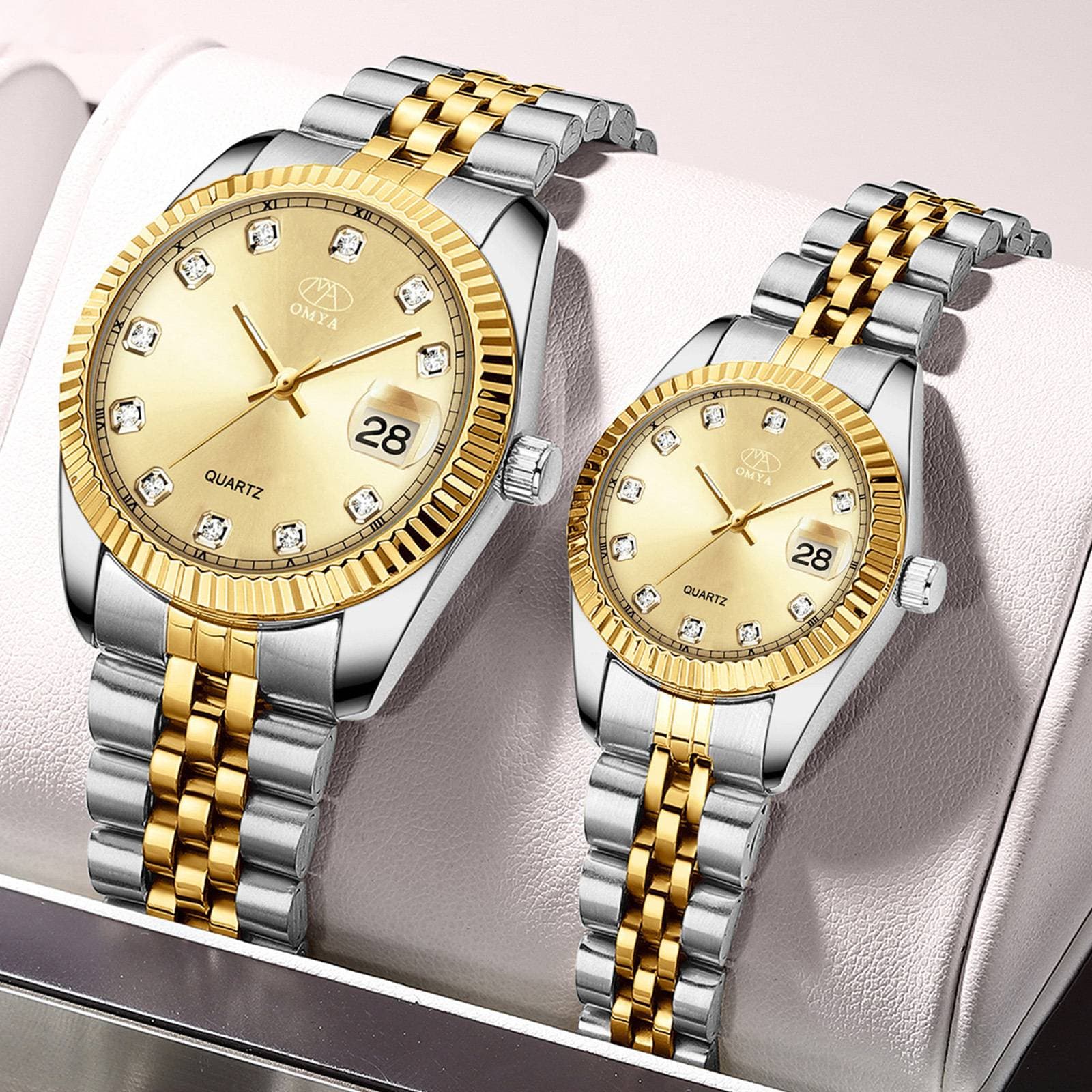 OMYA Waterproof Couple Watches Calendar Stainless Steel Quartz Dress Watch Set