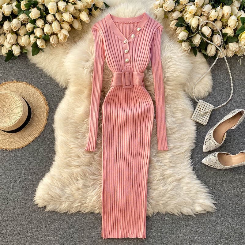 Women's Clothing knitted dress new autumn and winter design belt waist slimming pit strip slim long sleeved bottoming skirt