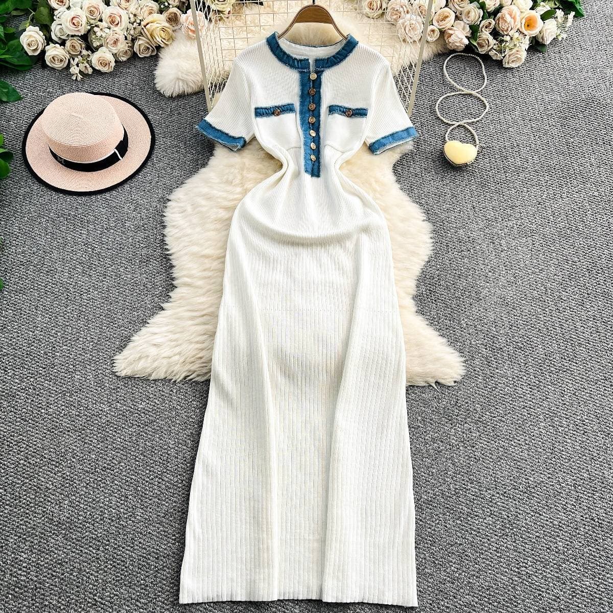 Women's Clothing Summer New Denim Splicing Knitted Long Skirt Tight Short Sleeve Waist Slim Dress