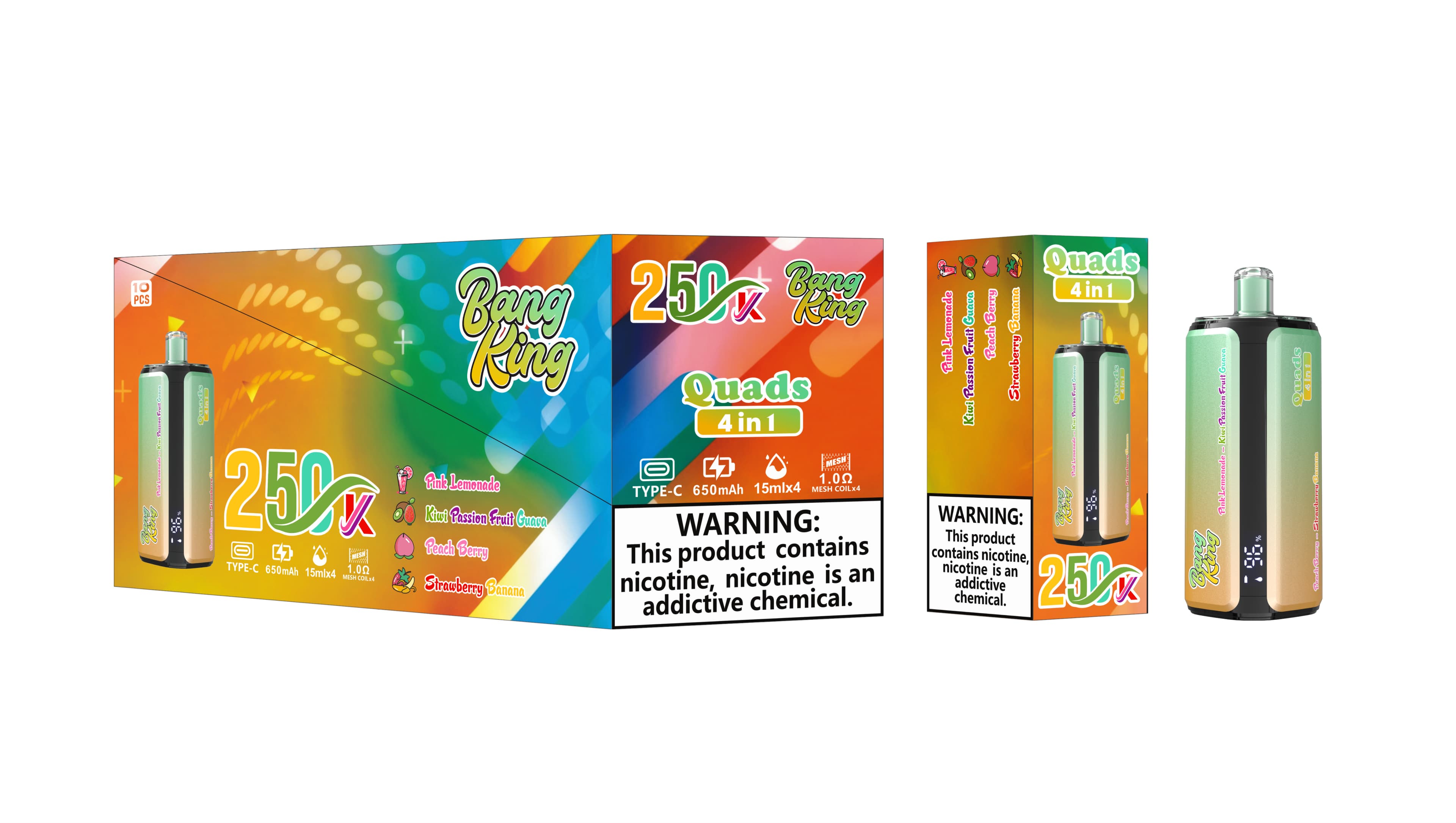 Cigarette électronique jetable Bang King de haute qualité, 250 000 bouffées, écran intelligent, 4 saveurs en 1, prix abordable.