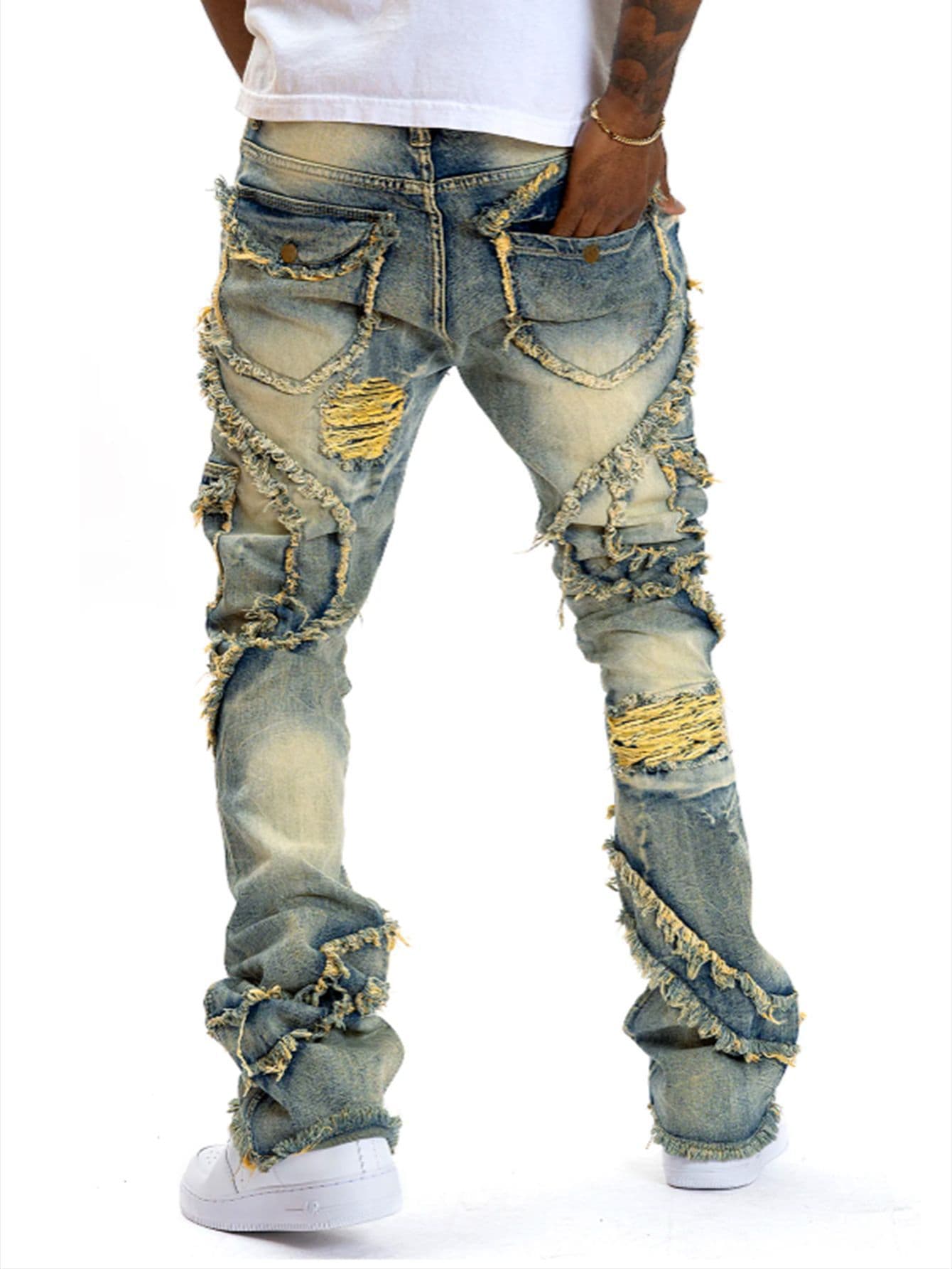 New European And American Men's Casual Jeans, Street Punk Fashion, Retro, Ripped Hole, Slightly Flared Elastic