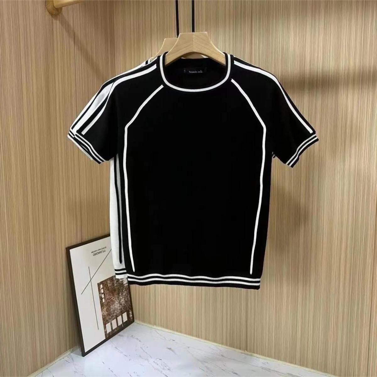 Men's Clothing Summer new ice silk thin knitted short sleeved T shirt men's comfortable breathable striped round neck contrast color pullover sweater