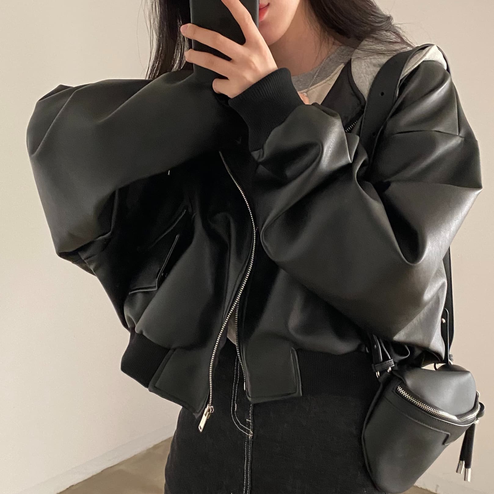 Chic Autumn Winter Niche Zipper Double Pocket Casual Loose Versatile Hooded Leather Jacket