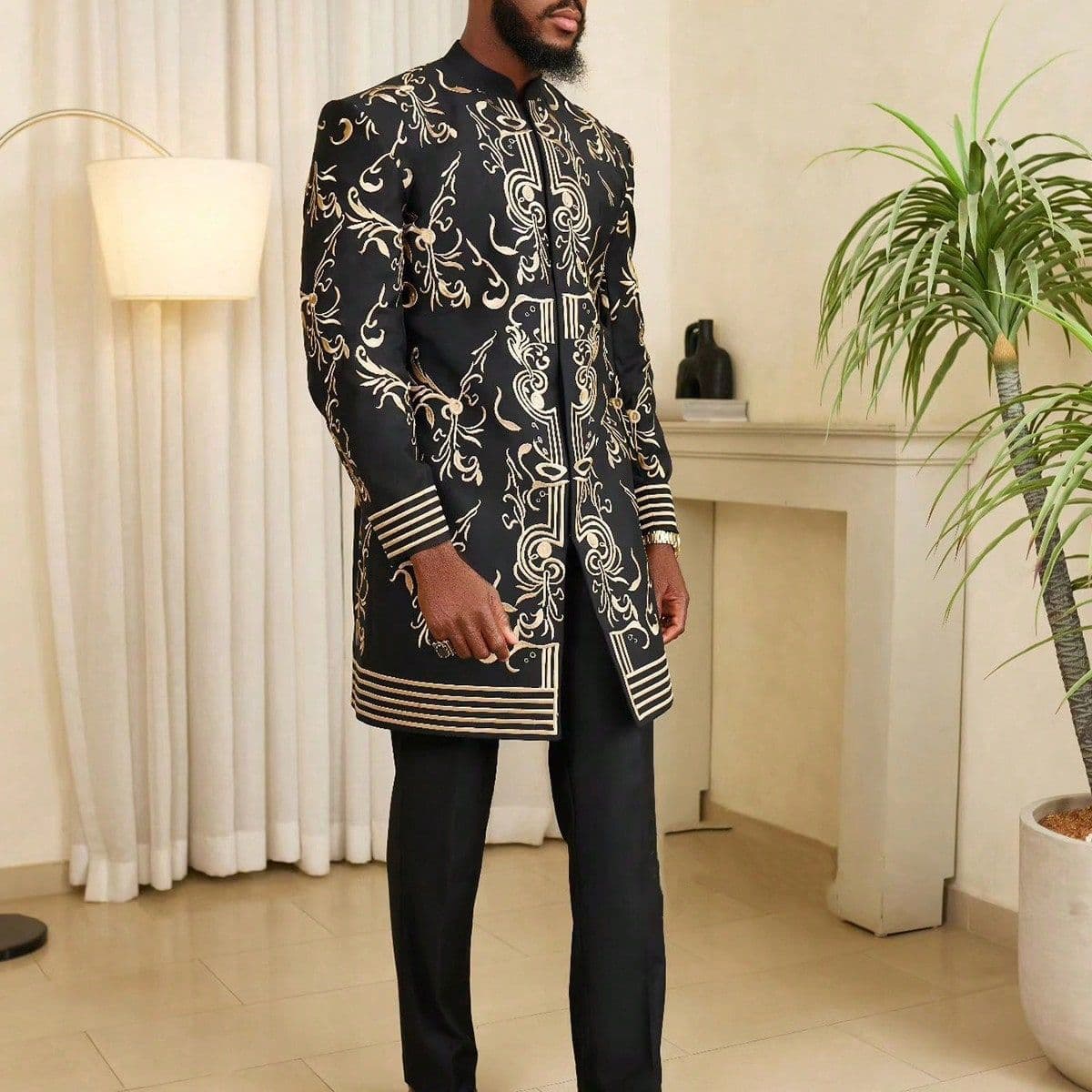 Men's Muslim Suit Set Long Sleeved Printed Jacket And Casual Trousers 2 Pieces