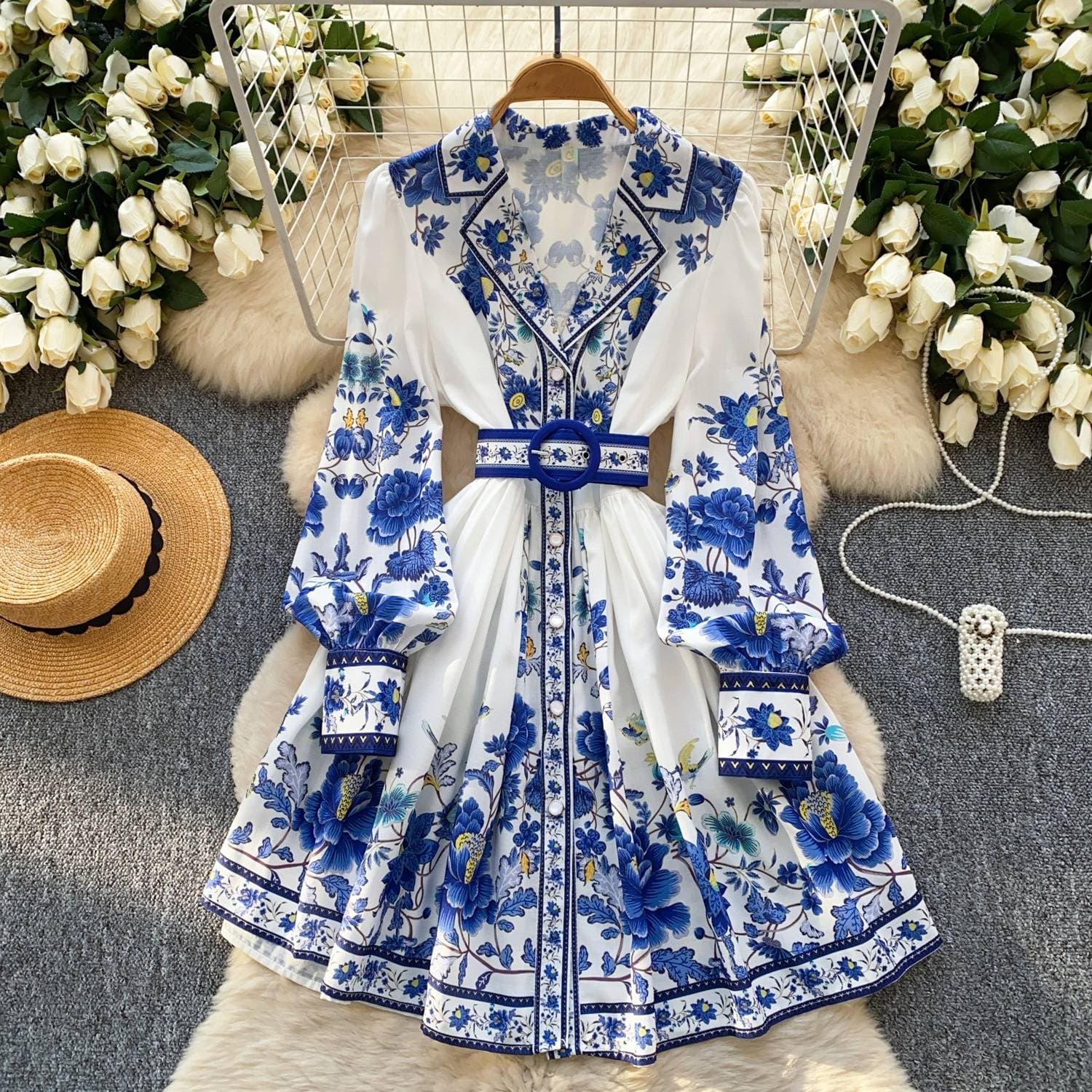 Women's Clothing Fashion Suit Collar Long Sleeve Waist Print A Line Skirt