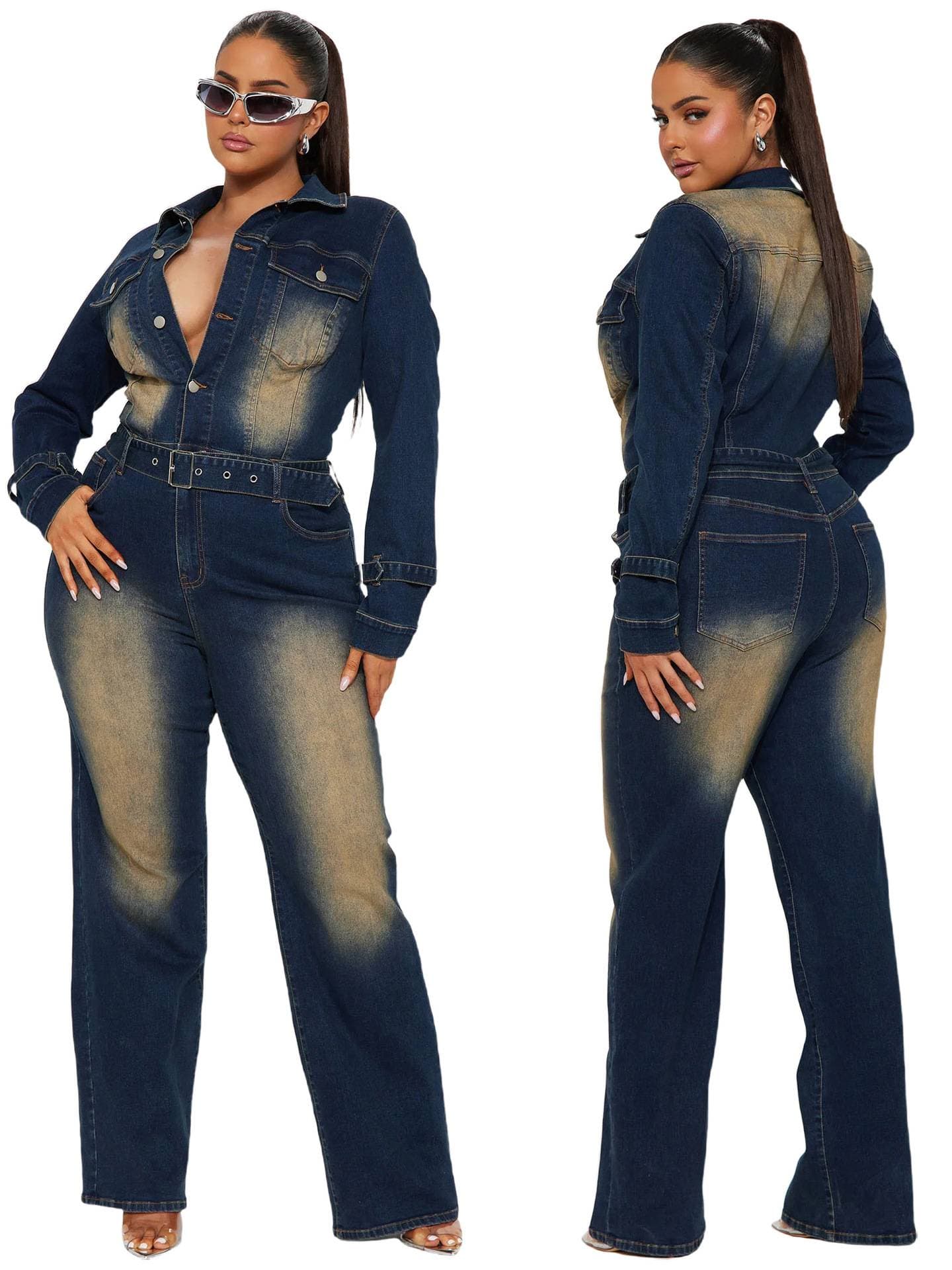 Women's Clothing 6027 Slim Elastic Flared Washed Long Sleeved Denim Jumpsuit Jumpsuit