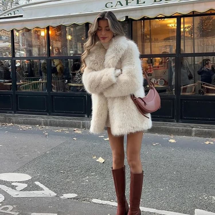 ​​Women’s Mid-Length Faux Fox Fur Coat – Soft & Fluffy Winter Coat (Rice Apricot, S-XXL)​​