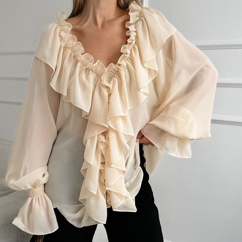 Spring new chiffon V-neck flying sleeve ruffled shirt fashion wholesale women's tops
