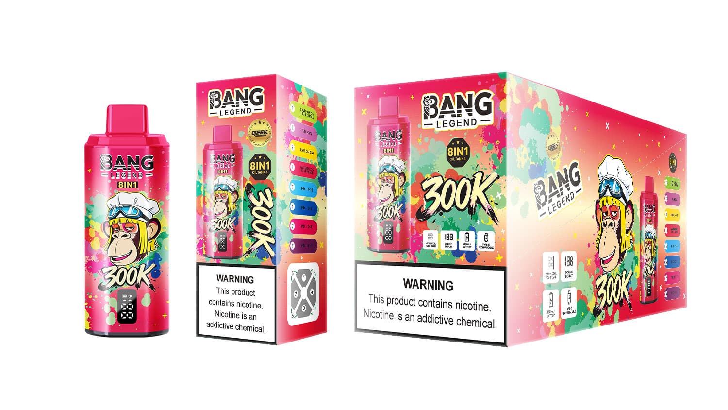 Bang Legend 300K 8 en 1 Vape jetable à huile de chicha, réservoir, 4 grands écrans numériques de comptage des bouffées, charge rapide USB-C, bat