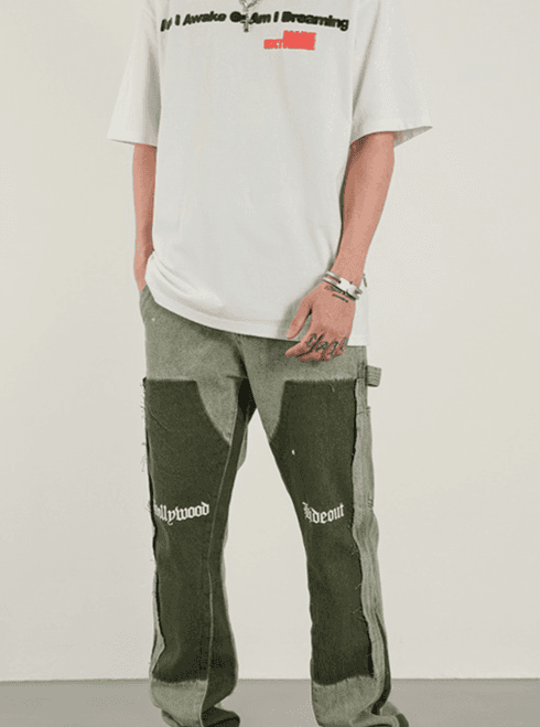 Men's Clothing High Street Heavy Industry Washed Jeans Retro Lumberjack Splicing Bell Bottoms Men's Vibe Style