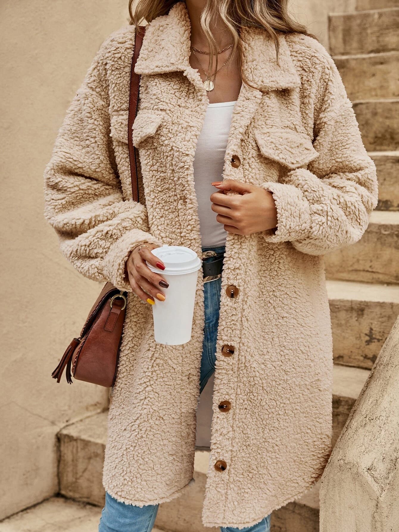 Women's Clothing Winter Button winter coats Lapel Plush Coat Loose Temperament Long Coat