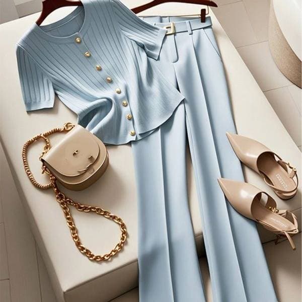 Women's Blue Two Piece Pants Set Trendy Sophisticated Summer Outfit Spring/Autumn Seasonal Sophisticated Style