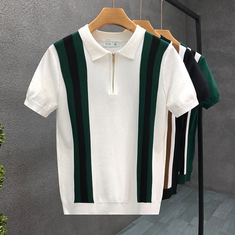 Men's Clothing Youth Casual Ice Silk Slim Fit Men's T-Shirt Korean Style Vertical Striped Lapel Knitted Short Sleeve Business Shirt