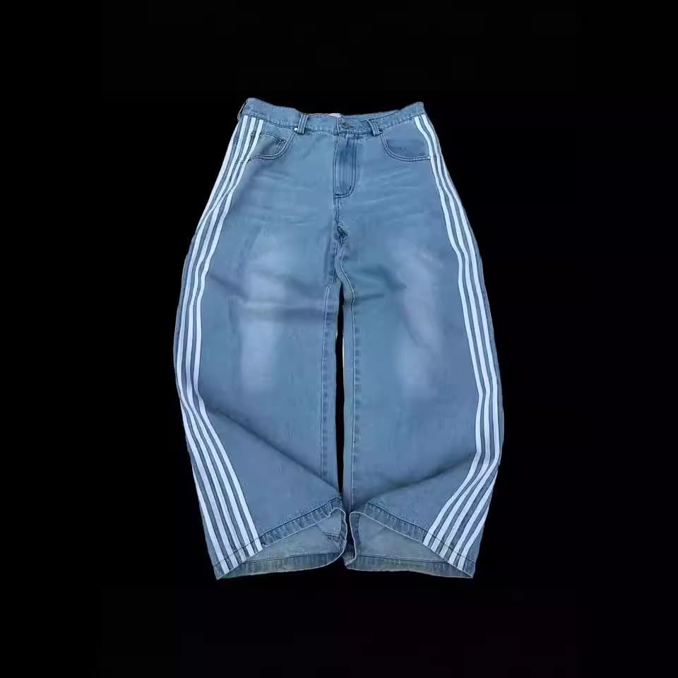 Men's Clothing Retro Street Striped Jeans Washed Distressed Casual Straight Wide Leg Mopping Trousers