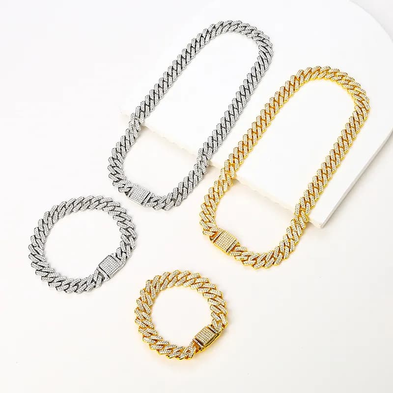 Personalized Hip-Hop BuckleNecklace Full Diamond Flip Buckle Fashionable Punk Thick Bangle Cuban Bracelet Couple Jewelry