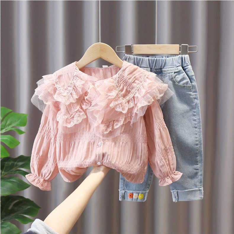 Kid's Clothing 2024 autumn new children's clothing baby girl cute large lapel lace top jeans suit