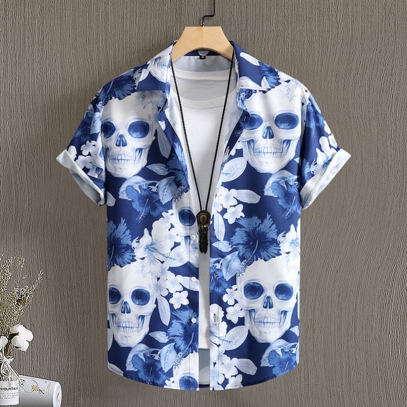 Men's Clothing Punk Retro Style Men's Light Blue Skull Digital Print Short Sleeve Shirt Men's Shirt 2023 Summer Hot