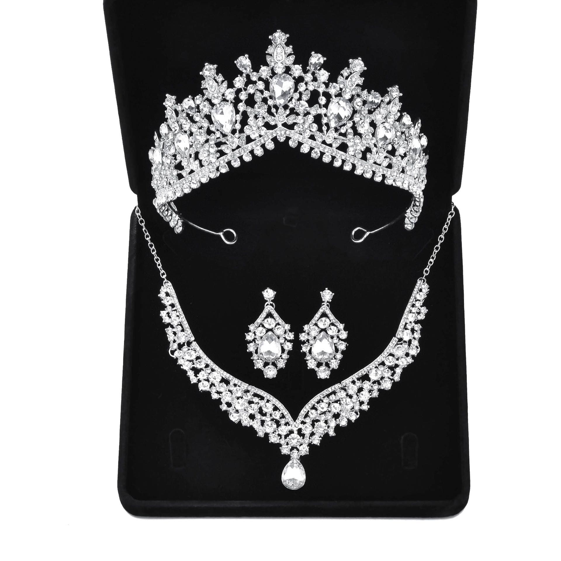 Cross-border new European and American bridal jewelry necklace and earrings set three-piece rhinestone tiara wedding crown accessories