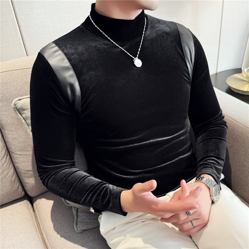 Men's Clothing men's textured leather half high collar elastic long sleeved T shirt slim velvet mid collar bottoming shirt autumn clothes