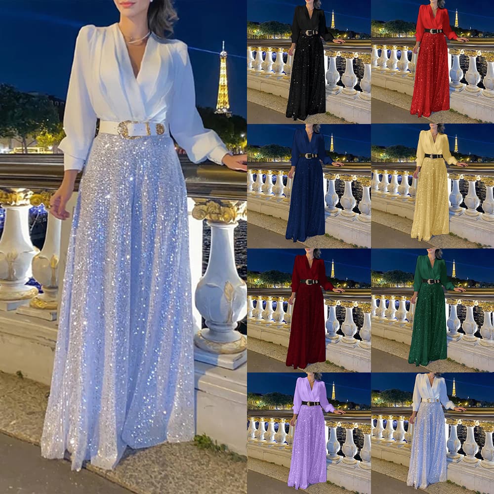 Women's Clothing New Fashionable V Neck Long Sleeved Shirt, Elegant, Waist Slimming, Slimming Sequined Wide Leg Pants With Belt