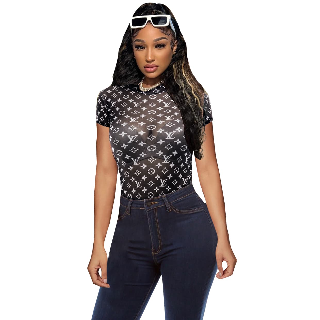 Haut à capuche imprimé respirant transparent de style western pour femme, coupe ajustée et en maille très élastique.