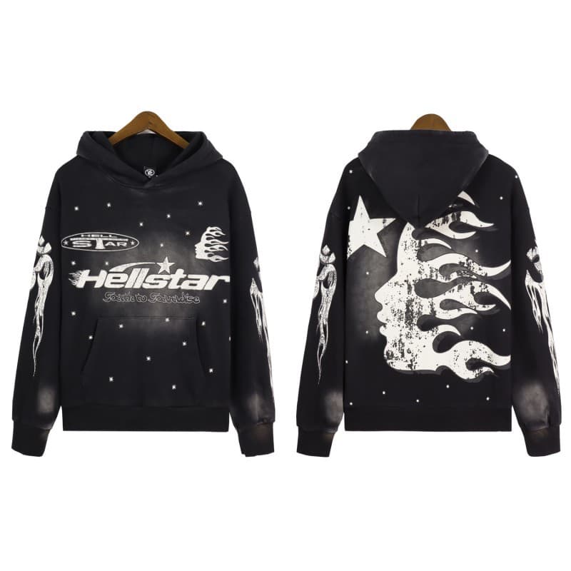 Sweat à capuche décontracté Hellstar délavé et usé avec impression de tête de Heavy Industry