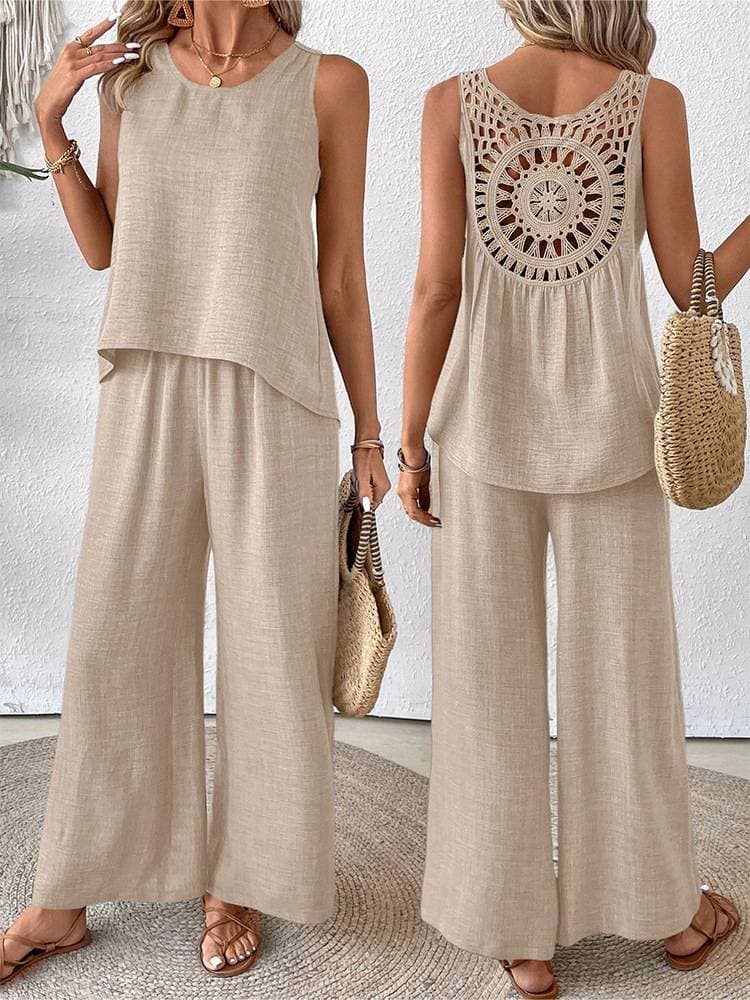 [Cotton Linen] New Spring And Summer Solid Color Hollow Lace Two-piece Suit Fashionable Casual Vest Wide-leg Pants Trousers