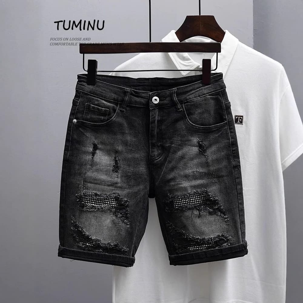 Men's Clothing Trendy Slim Fitting Skinny Pants Ripped Retro Washed All Match Five Point Pants