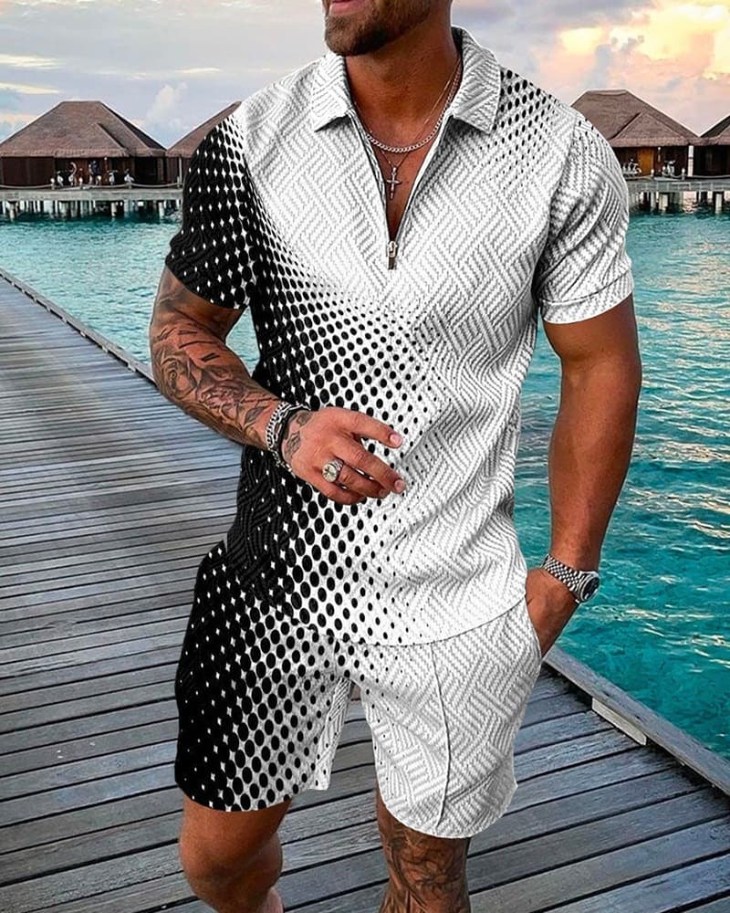 Men's Clothing new style men's fashion casual suit 3D printed zipper short sleeve polo shirt shorts 2-piece set