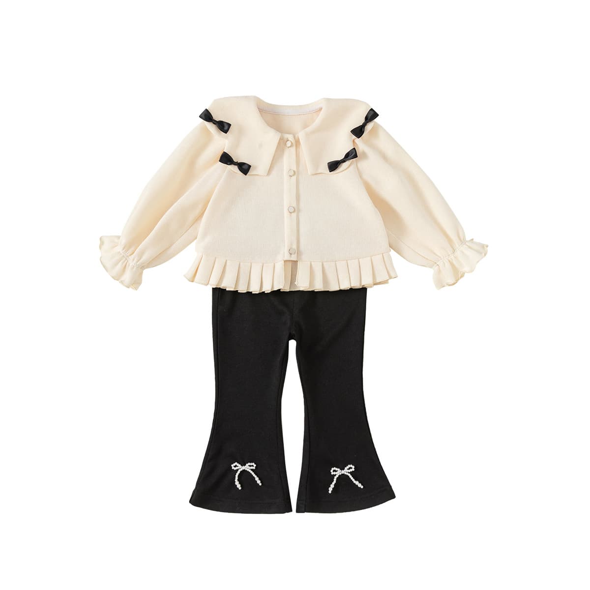 Spring And Autumn Girl Suit Small Fragrance Bow Lapel Coat Bell Bottoms Two-piece Set