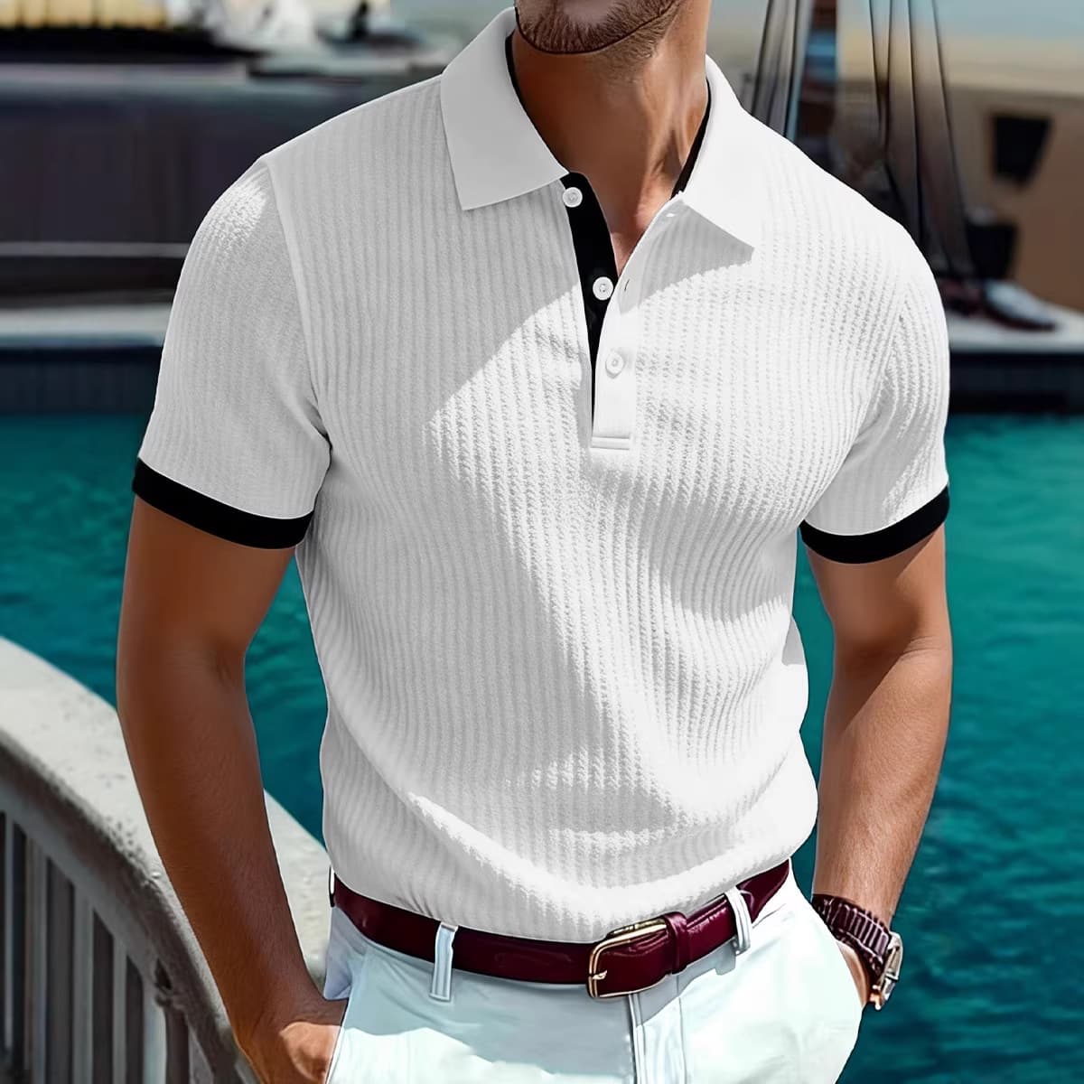Men's Slim-Fit Knit Polo Shirt – Modern Ribbed Collar Top For Spring & Fall (Black, Navy, White, Sky Blue)​