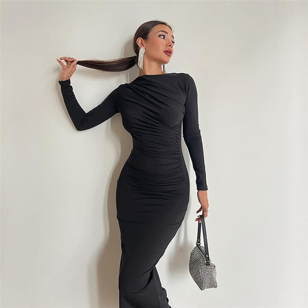 2024 Spring And Autumn New European And American Asian Style High End Solid Color Temperament Long Hip Bag Dress For Women