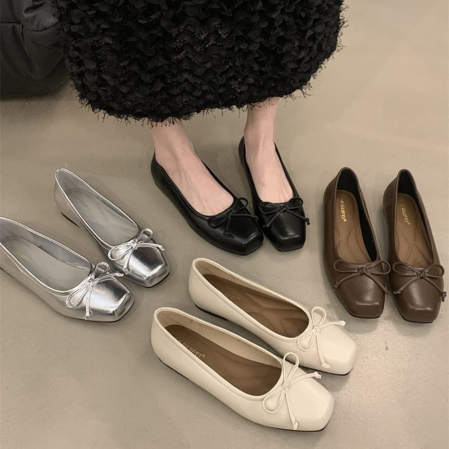 Women's new silver single shoes with bow bow single shoes