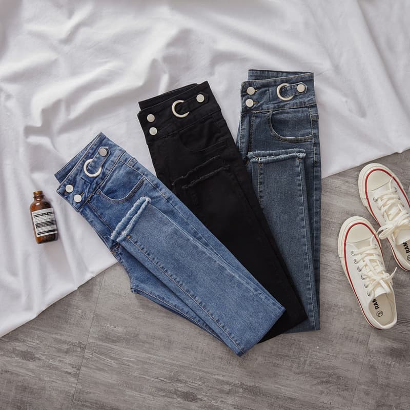 Women's Clothing Real Shot Of High Waist Jeans Women's Skinny Pants New Elastic Slim Fit Raw Edge Nine Point Tight Pencil Pants