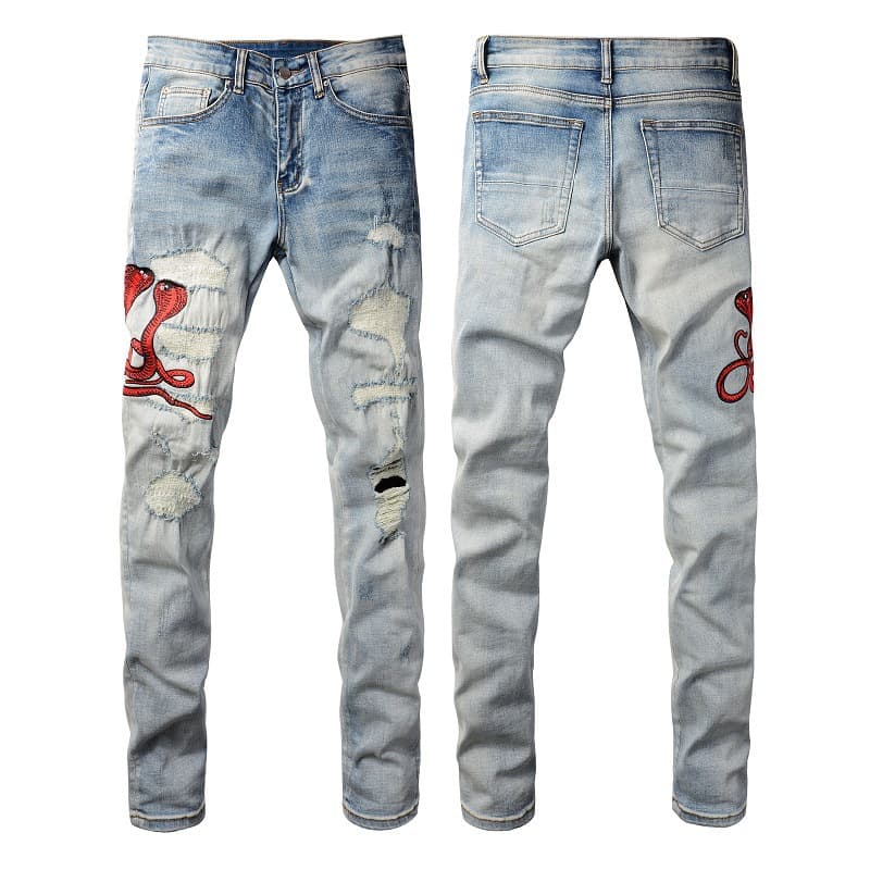 Men's Clothing ins same style cat whisker wrinkled embroidered snake patchwork hole elastic slim fit skinny jeans jeans