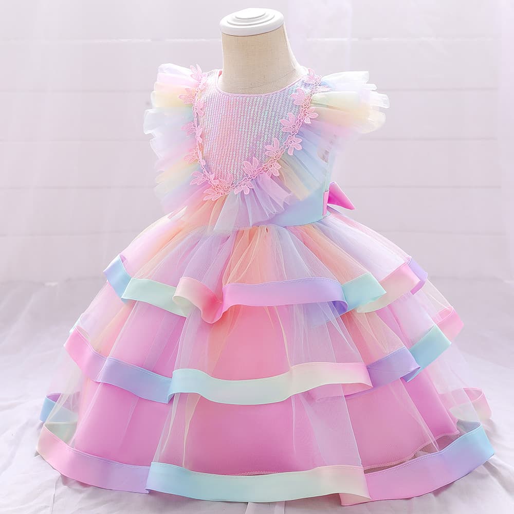 Mother & Kids 2024 new children's dress sequined colorful multi-layer cake skirt fluffy yarn one-year-old dress children's performance costume