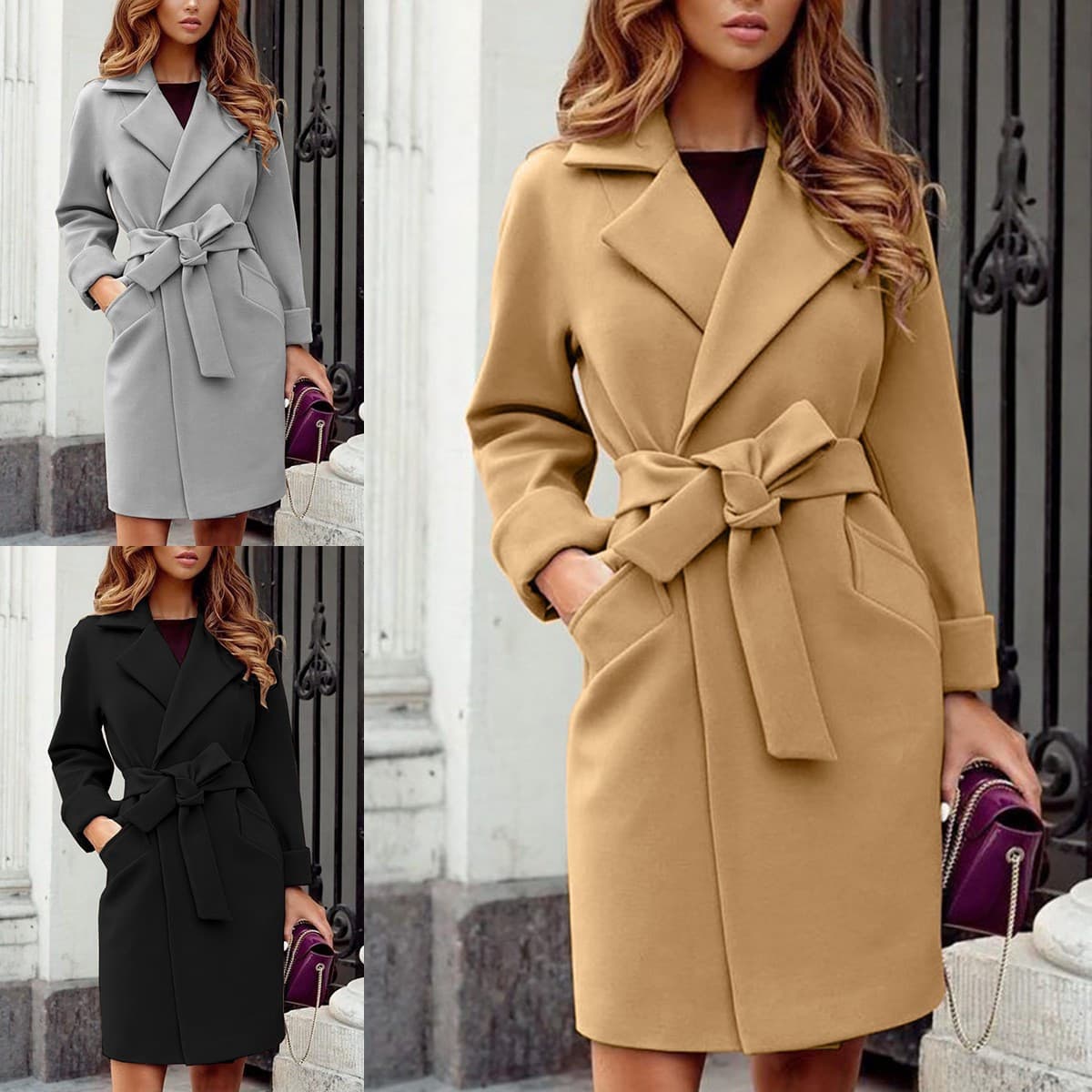 Autumn and winter fashion slim belt lapel woolen jacket coat