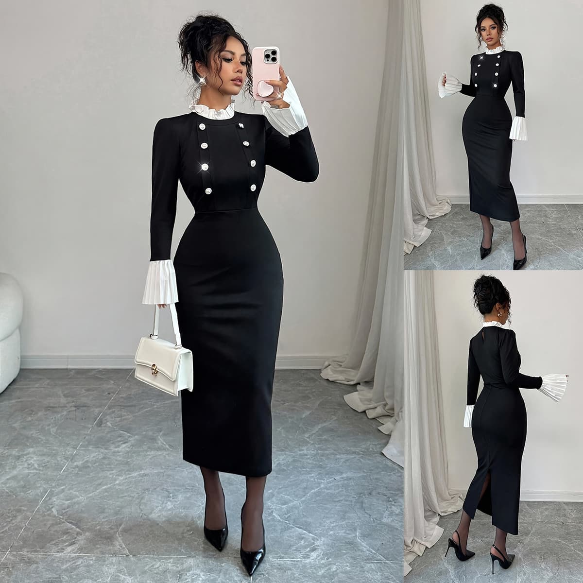 Women's Clothing Elegant Fall Winter Women's Knit Dress With Peplum Hem, Contrast Gold Buttons, Slim Fit, V-Neck, Flared Sleeves, Mid-Length, Black​​