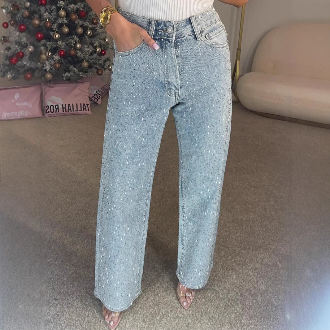Women's Clothing Full Of Diamond Washed Jeans Ladies High End High Waist Straight Pants Hot Girl Trousers
