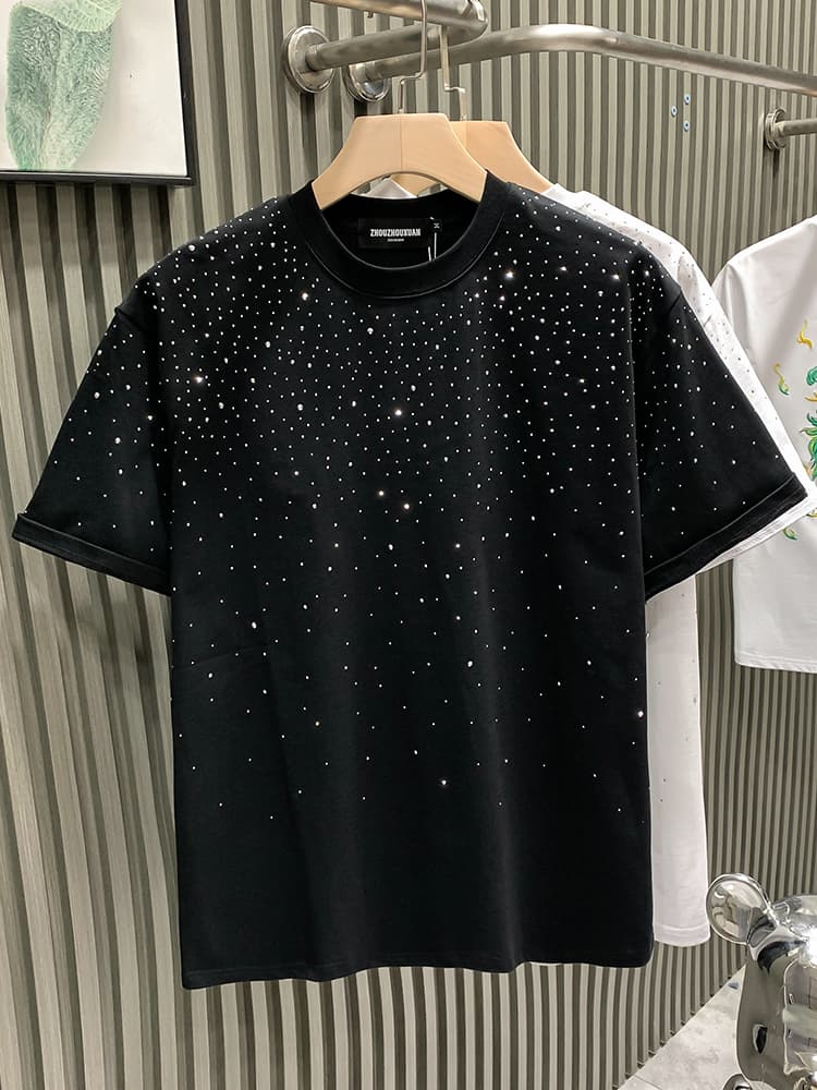 Men's Clothing Fashion Trendy Brand Light Luxury Men's Short Internet Celebrity Niche Hot Diamond High-end Round Neck Half