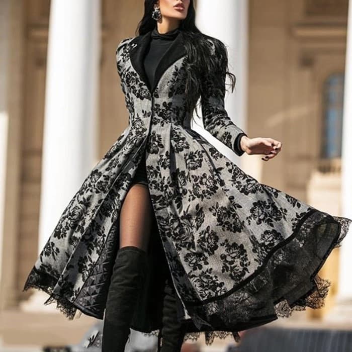 Women's Clothing beauty autumn and winter lace splicing jacket large size retro long windbreaker for women