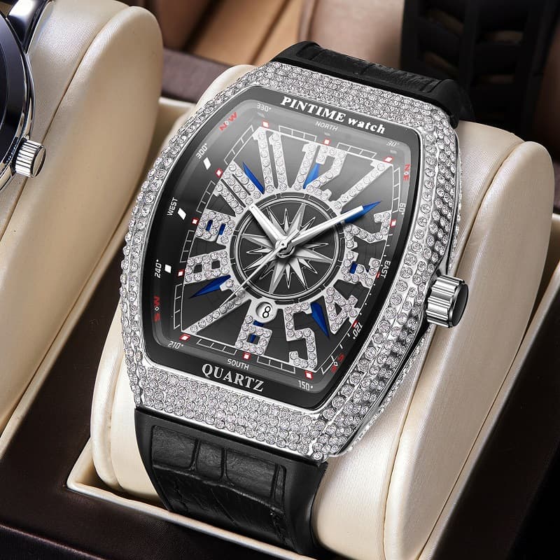 2023 Best Selling PINTIME Men's Casual Wrist Watch Barrel Watch Simple Belt Yacht Diamond Set Vintage Quartz Watch