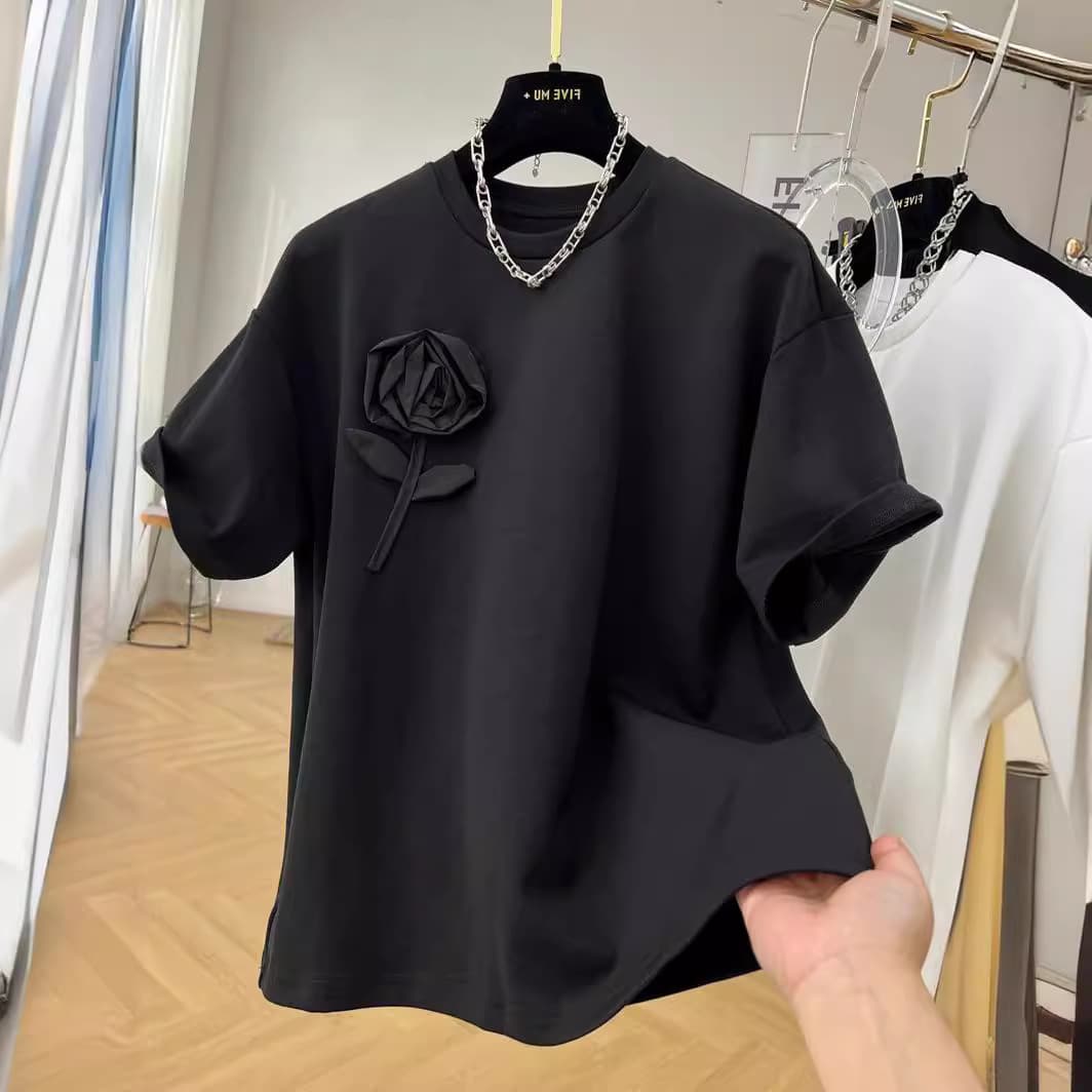 Women's Clothing special price heavy three dimensional flower pure cotton heavy round neck short sleeved T shirt women's summer new top