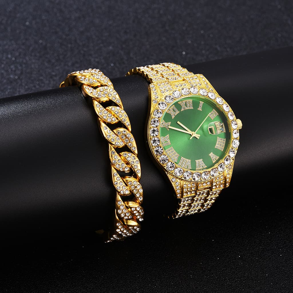 Explosive business large dial full of diamonds sparkling steel band with calendar quartz watch (2pcs/set)