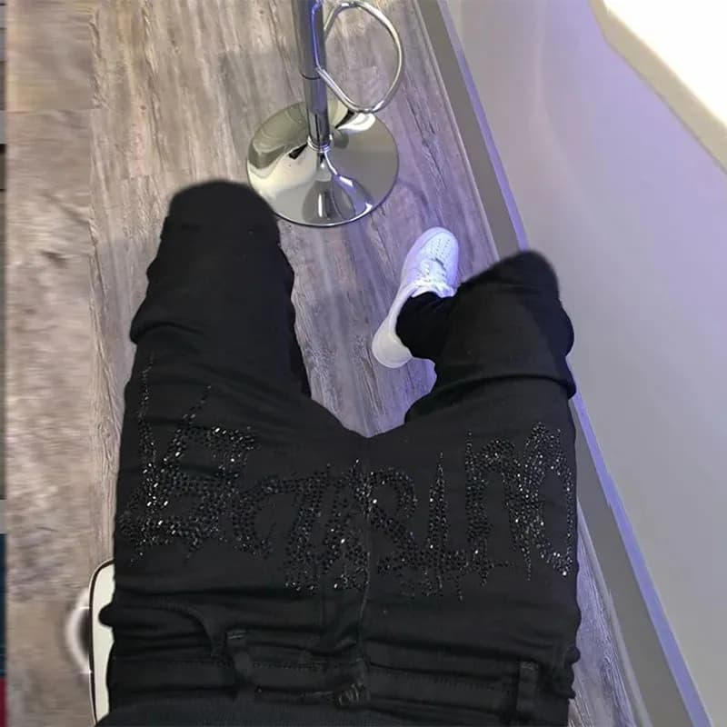 Men Black Skinny Jeans Motorcycle Street Trendy All-match Cozy High Waist Advanced Rhies Stretch Pencil Denim Pants