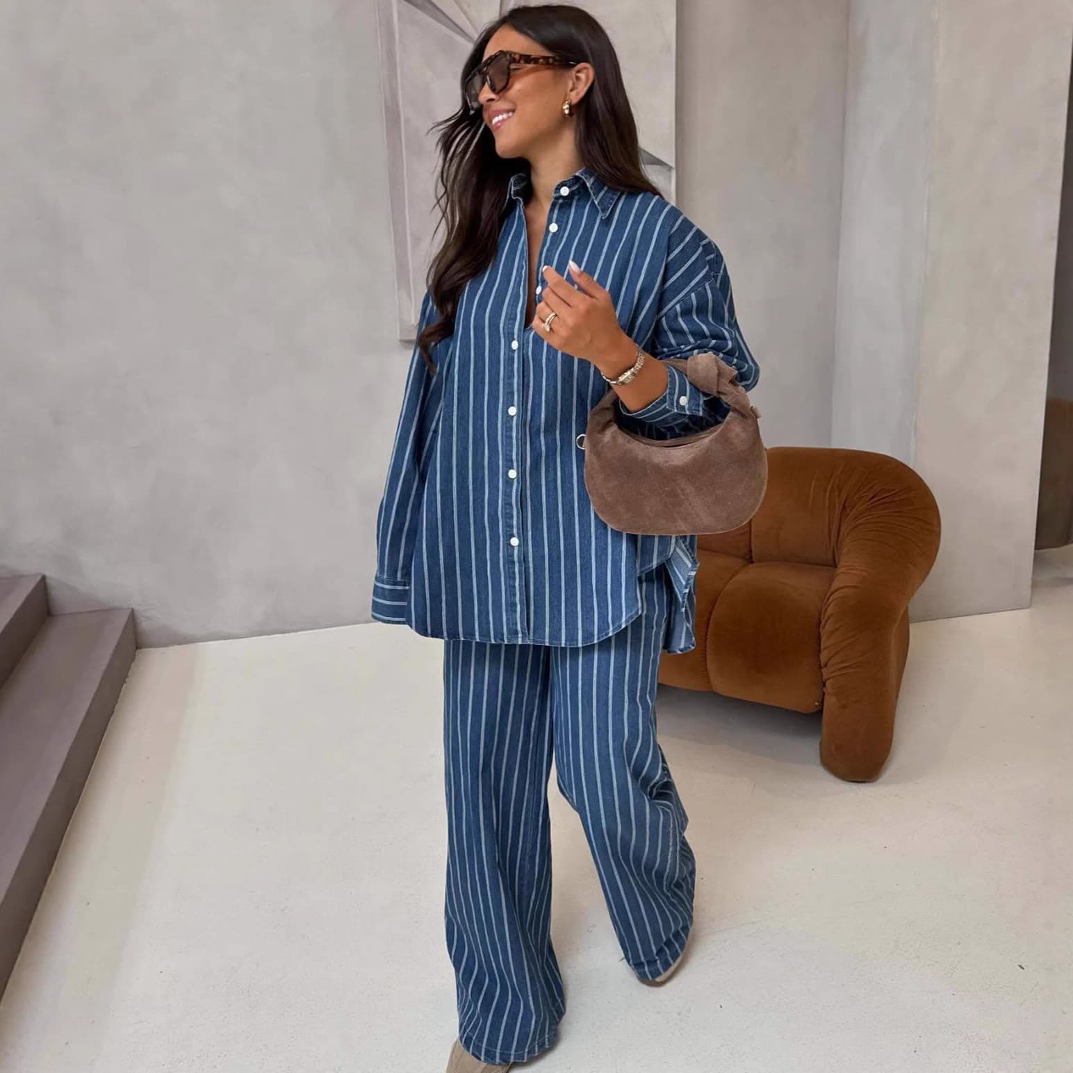 Women's African Chic Plus Size Clothing Set European American Style Long Sleeved Casual Collared Cardigan Striped Shirt Two Piece Set